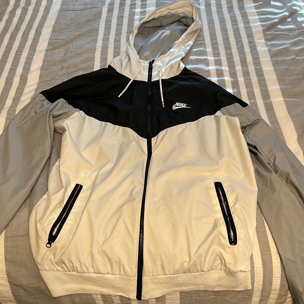 Nike rain jacket, black, white and grey. Size Medium